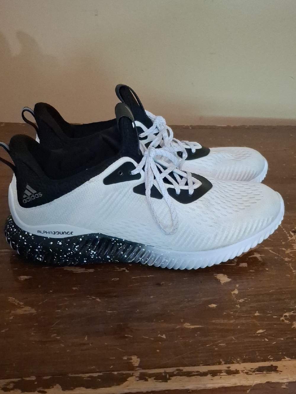 adidas White and Black Speckled Alphabounce Sneakers
